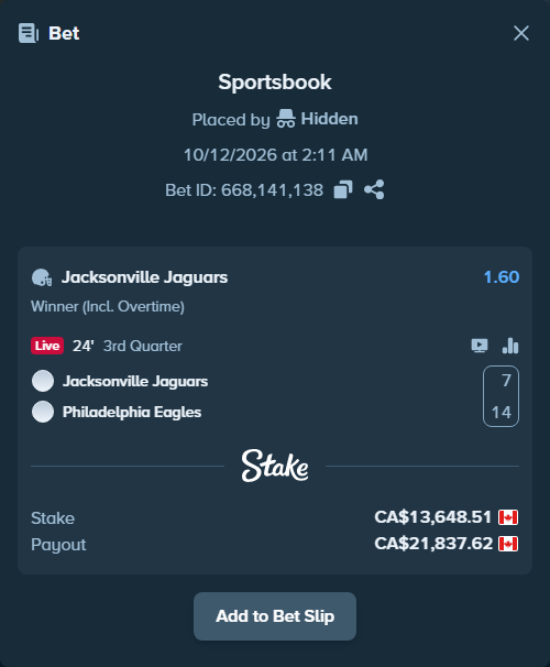 Bet slip: Jacksonville Jaguars - Philadelphia Eagles, $10,099.90 stake at 1.60 odds, placed by Hidden