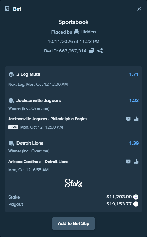 Bet slip: Jacksonville Jaguars - Philadelphia Eagles, $11,114.45 stake at 1.23 odds, placed by Hidden