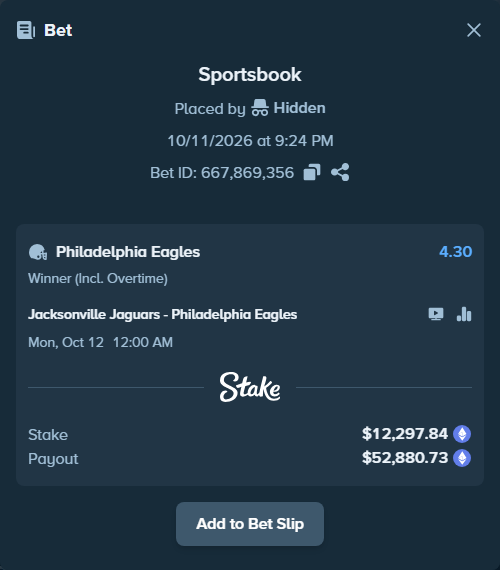 Bet slip: Jacksonville Jaguars - Philadelphia Eagles, $12,504.81 stake at 4.30 odds, placed by Hidden