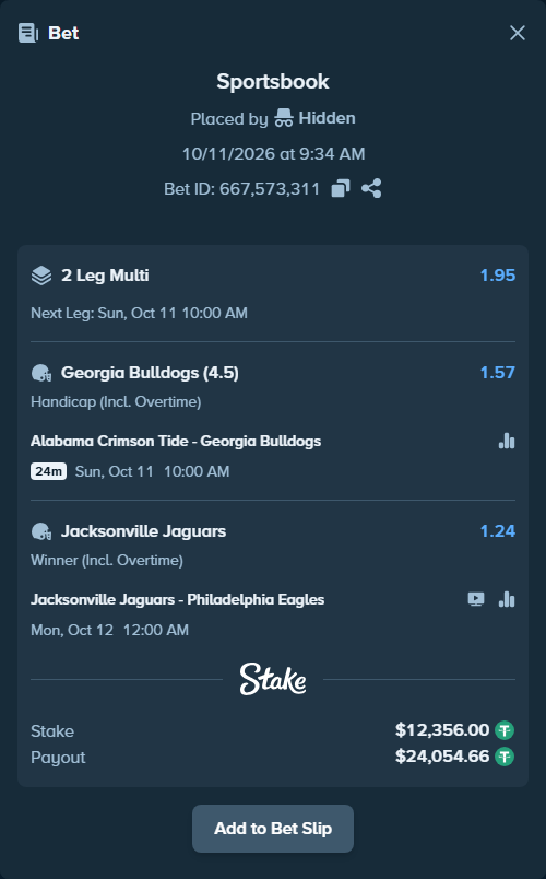 Bet slip: Jacksonville Jaguars - Philadelphia Eagles, $12,368.36 stake at 1.24 odds, placed by Hidden