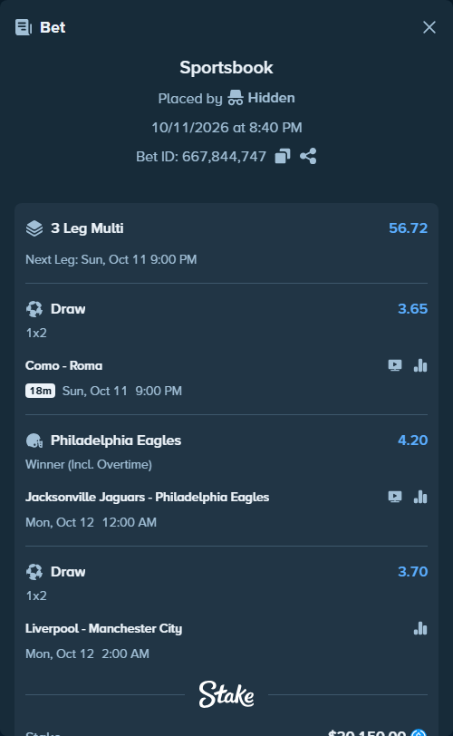 Bet slip: Jacksonville Jaguars - Philadelphia Eagles, $20,150.00 stake at 4.20 odds, placed by Hidden