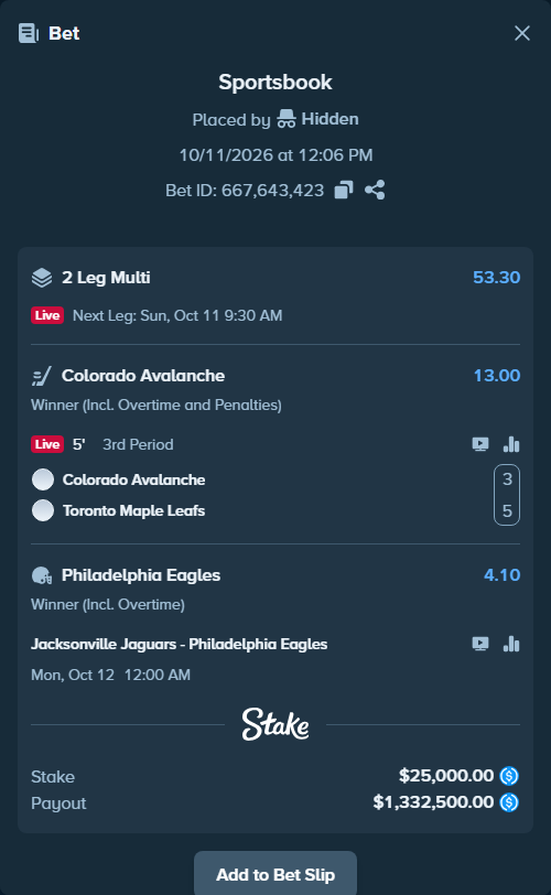 Bet slip: Jacksonville Jaguars - Philadelphia Eagles, $25,000.00 stake at 4.10 odds, placed by Hidden