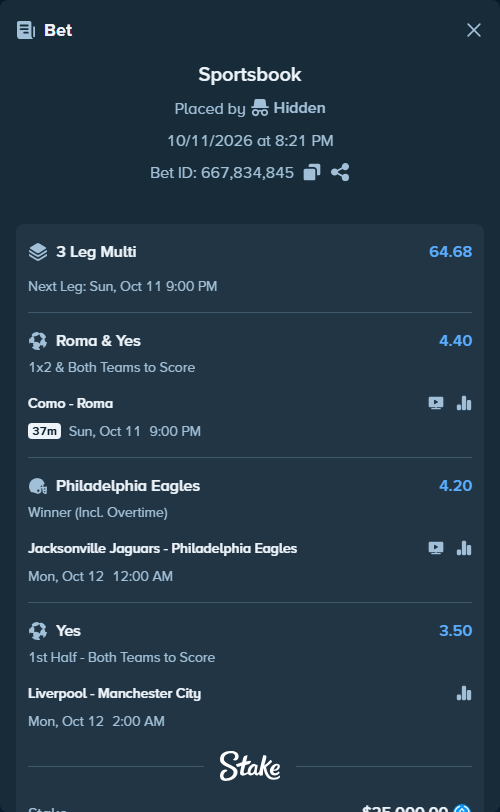 Bet slip: Jacksonville Jaguars - Philadelphia Eagles, $25,000.00 stake at 4.20 odds, placed by Hidden