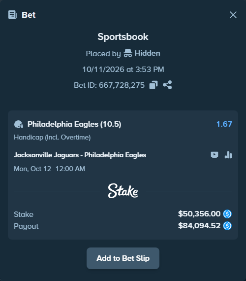 Bet slip: Jacksonville Jaguars - Philadelphia Eagles, $50,356.00 stake at 1.67 odds, placed by Marvin123421