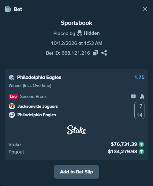 Bet slip: Jacksonville Jaguars - Philadelphia Eagles, $76,808.12 stake at 1.75 odds, placed by Hidden