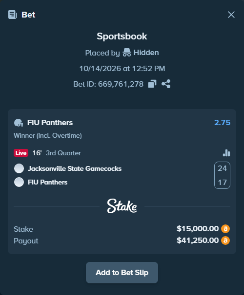Bet slip: Jacksonville State Gamecocks - FIU Panthers, $14,987.76 stake at 2.75 odds, placed by Hidden