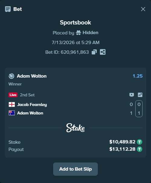 Bet slip: Jacob Fearnley - Adam Walton, $10,500.31 stake at 1.25 odds, placed by Hidden