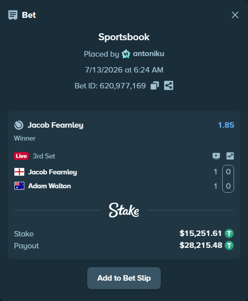 Bet slip: Jacob Fearnley - Adam Walton, $15,266.86 stake at 1.85 odds, placed by antoniku
