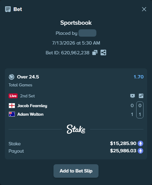 Bet slip: Jacob Fearnley - Adam Walton, $15,977.25 stake at 1.70 odds, placed by Kriski99