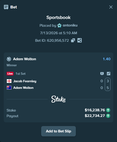 Bet slip: Jacob Fearnley - Adam Walton, $16,255.00 stake at 1.40 odds, placed by antoniku