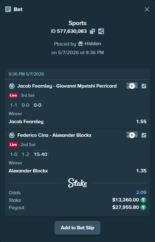 Bet slip: Jacob Fearnley - Giovanni Mpetshi Perricard, $13,360.00 stake at 1.55 odds, placed by Hidden