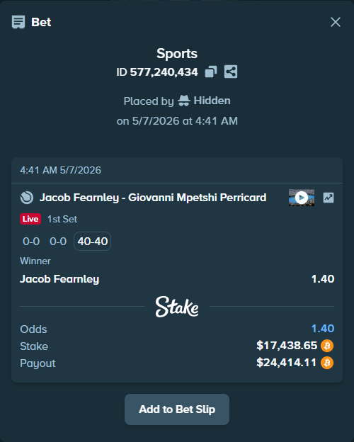Bet slip: Jacob Fearnley - Giovanni Mpetshi Perricard, $13,776.98 stake at 1.40 odds, placed by Hidden