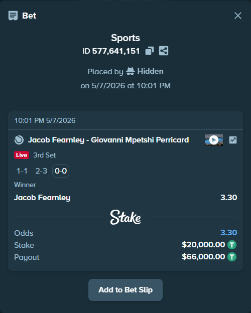 Bet slip: Jacob Fearnley - Giovanni Mpetshi Perricard, $20,000.00 stake at 3.30 odds, placed by Hidden