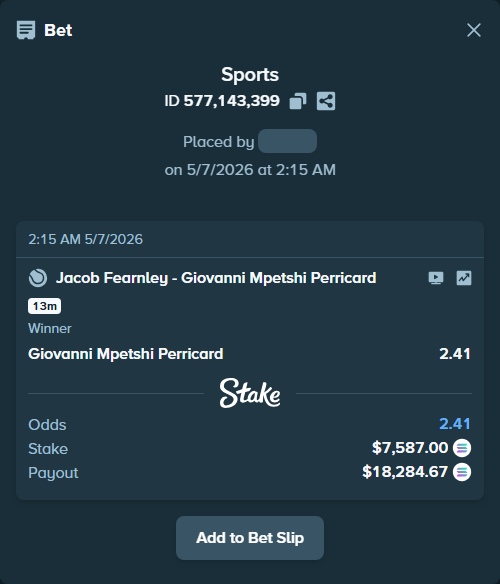 Bet slip: Jacob Fearnley - Giovanni Mpetshi Perricard, $6,269.63 stake at 2.41 odds, placed by NwordR