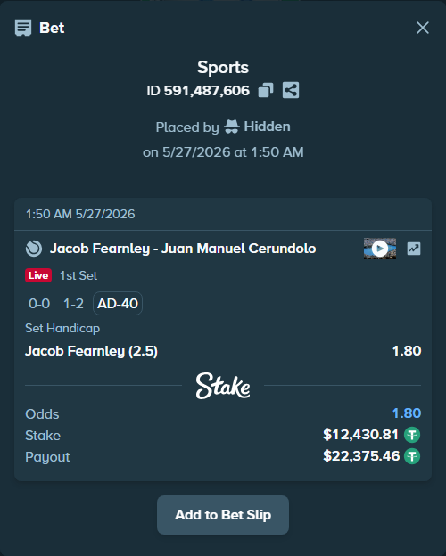 Bet slip: Jacob Fearnley - Juan Manuel Cerundolo, $12,443.24 stake at 1.80 odds, placed by Hidden