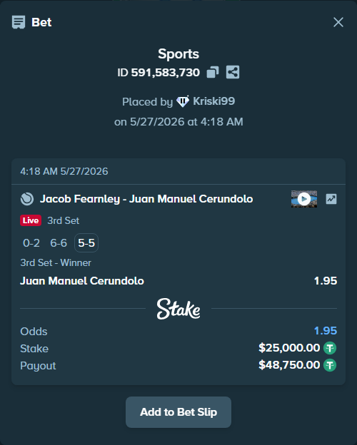 Bet slip: Jacob Fearnley - Juan Manuel Cerundolo, $25,025.00 stake at 1.95 odds, placed by Kriski99
