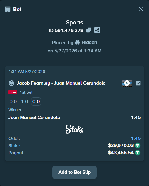 Bet slip: Jacob Fearnley - Juan Manuel Cerundolo, $30,000.00 stake at 1.45 odds, placed by Hidden