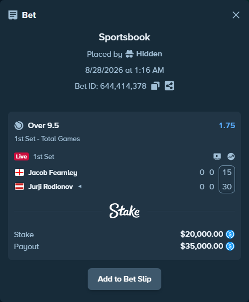 Bet slip: Jacob Fearnley - Jurji Rodionov, $20,000.00 stake at 1.75 odds, placed by Hidden