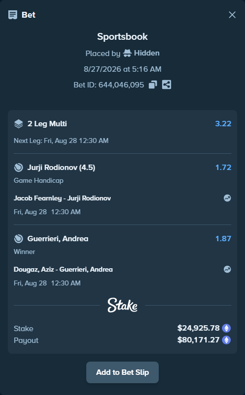 Bet slip: Jacob Fearnley - Jurji Rodionov, $24,741.58 stake at 1.72 odds, placed by Hidden