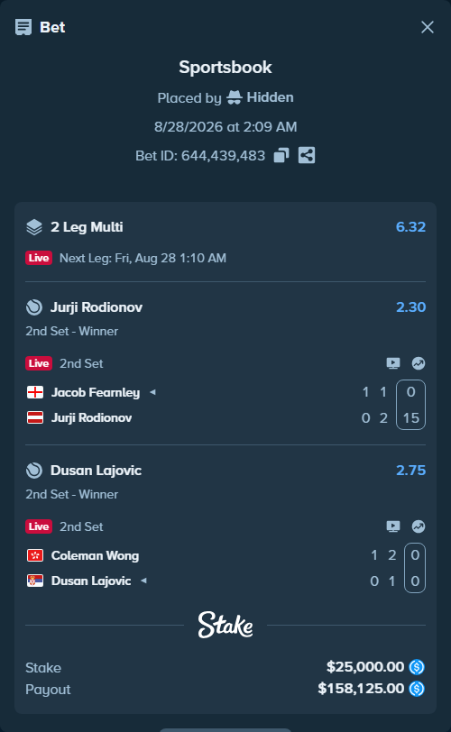 Bet slip: Jacob Fearnley - Jurji Rodionov, $25,000.00 stake at 2.30 odds, placed by Hidden