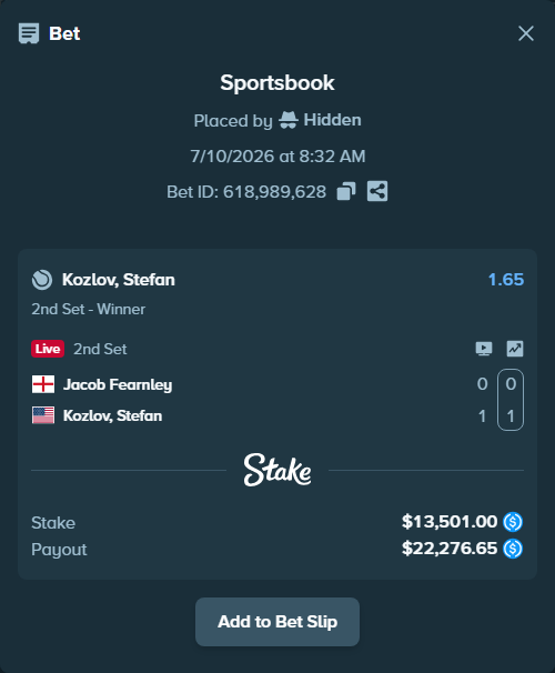 Bet slip: Jacob Fearnley - Kozlov, Stefan, $13,501.00 stake at 1.65 odds, placed by Hidden