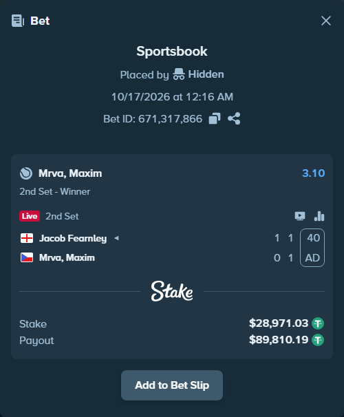 Bet slip: Jacob Fearnley - Mrva, Maxim, $29,000.00 stake at 3.10 odds, placed by Hidden