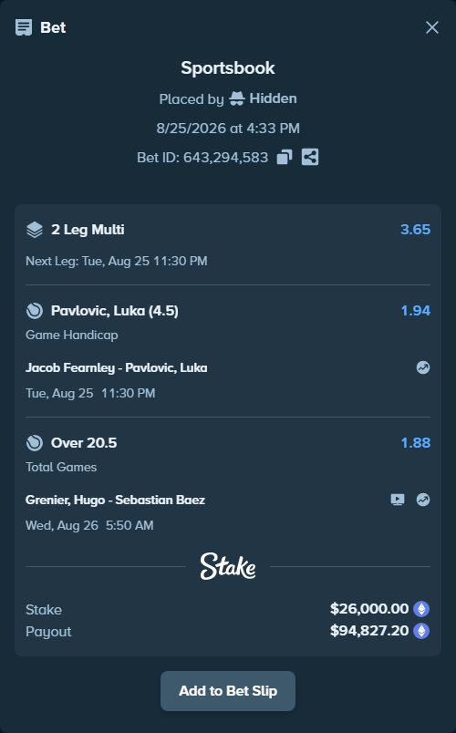 Bet slip: Jacob Fearnley - Pavlovic, Luka, $25,740.24 stake at 1.94 odds, placed by Hidden