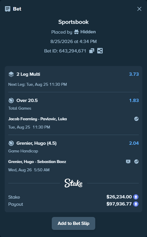 Bet slip: Jacob Fearnley - Pavlovic, Luka, $25,971.90 stake at 1.83 odds, placed by Hidden