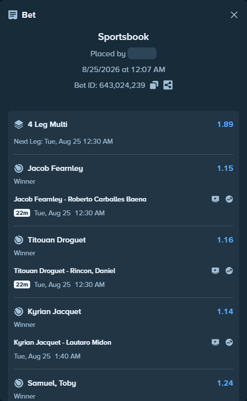Bet slip: Jacob Fearnley - Roberto Carballes Baena, $10,000.00 stake at 1.15 odds, placed by kaeem