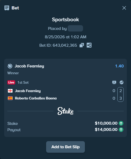Bet slip: Jacob Fearnley - Roberto Carballes Baena, $10,000.00 stake at 1.40 odds, placed by formasimple