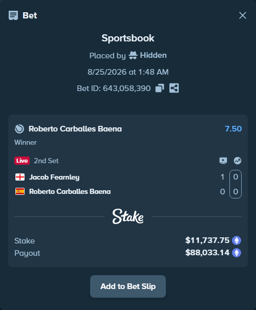 Bet slip: Jacob Fearnley - Roberto Carballes Baena, $11,591.65 stake at 7.50 odds, placed by Hidden