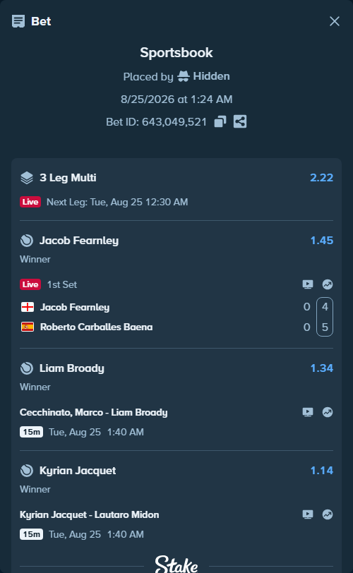 Bet slip: Jacob Fearnley - Roberto Carballes Baena, $18,000.00 stake at 1.45 odds, placed by Hidden