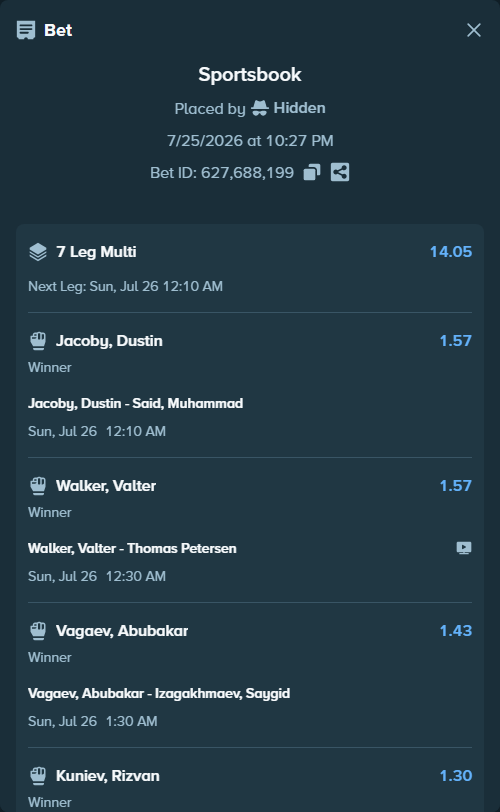 Bet slip: Jacoby, Dustin - Said, Muhammad, $14,374.85 stake at 1.57 odds, placed by Hidden
