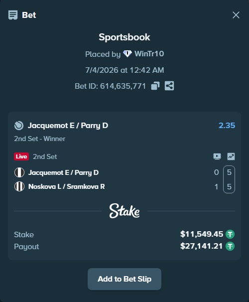 Bet slip: Jacquemot E / Parry D - Noskova L / Sramkova R, $11,561.00 stake at 2.35 odds, placed by WinTr10