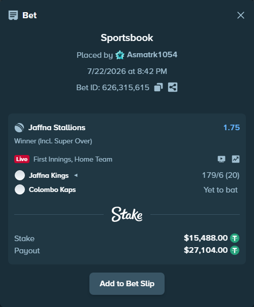 Bet slip: Jaffna Kings - Colombo Kaps, $15,503.49 stake at 1.75 odds, placed by Asmatrk1054