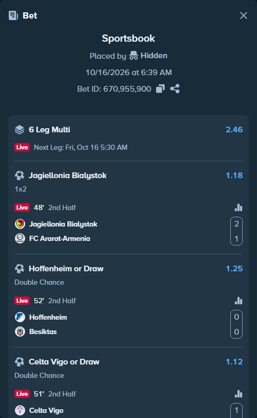 Bet slip: Jagiellonia Bialystok - FC Ararat-Armenia, $12,021.00 stake at 1.18 odds, placed by Chitico19