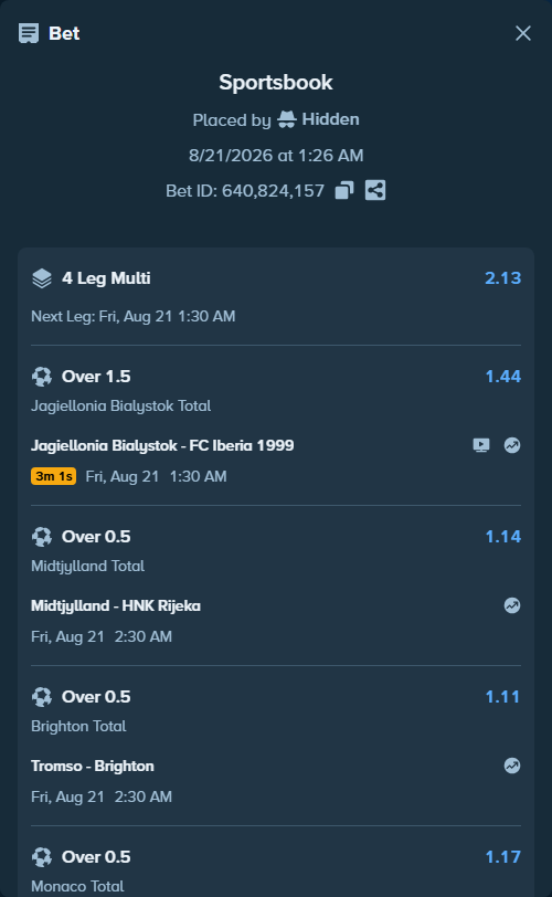 Bet slip: Jagiellonia Bialystok - FC Iberia 1999, $10,102.25 stake at 1.44 odds, placed by Hidden