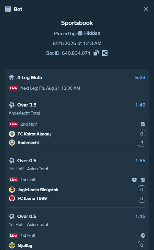 Bet slip: Jagiellonia Bialystok - FC Iberia 1999, $37,840.80 stake at 1.55 odds, placed by Hidden