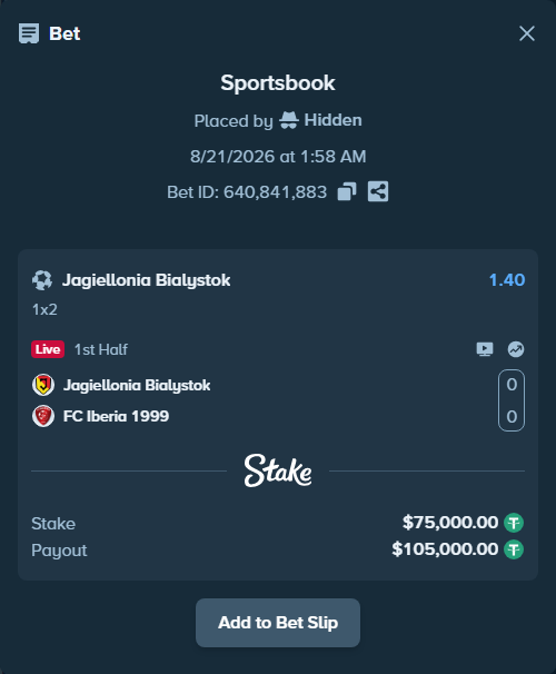 Bet slip: Jagiellonia Bialystok - FC Iberia 1999, $75,000.00 stake at 1.40 odds, placed by Hidden