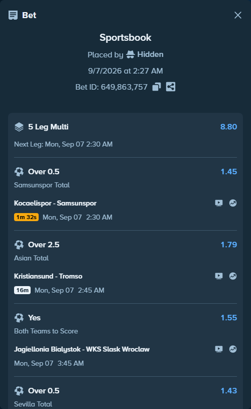 Bet slip: Jagiellonia Bialystok - WKS Slask Wroclaw, $10,000.00 stake at 1.55 odds, placed by Hidden