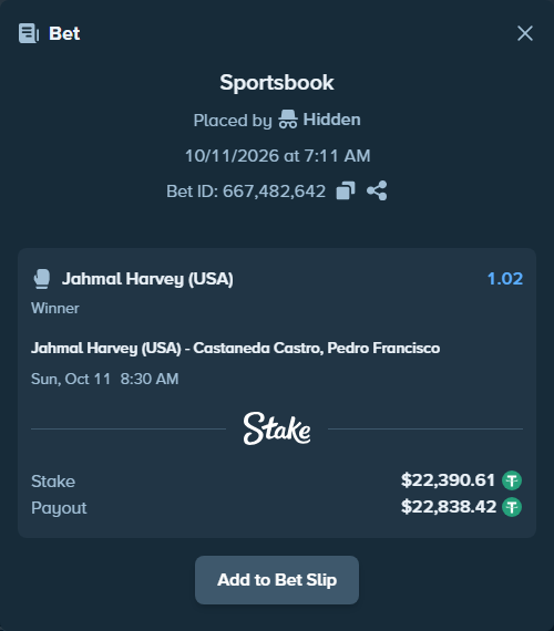 Bet slip: Jahmal Harvey (USA) - Castaneda Castro, Pedro Francisco, $22,413.00 stake at 1.02 odds, placed by korehato
