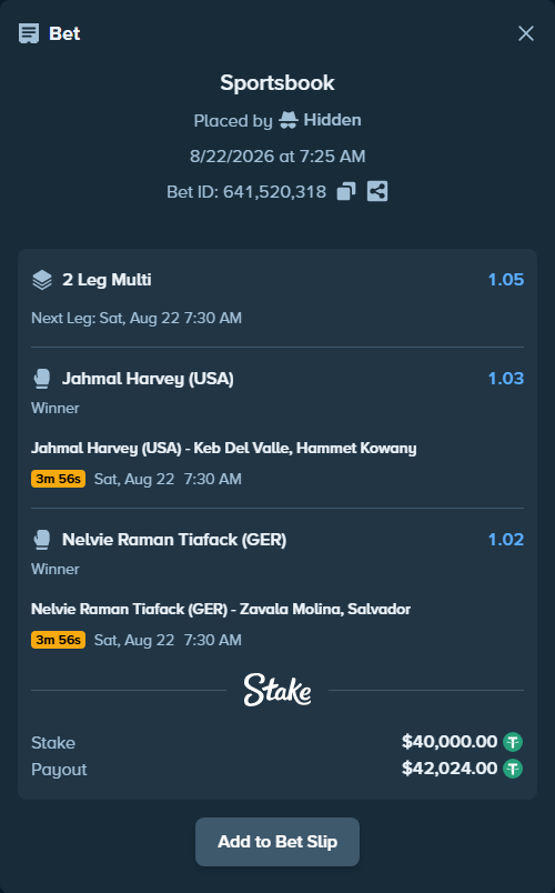 Bet slip: Jahmal Harvey (USA) - Keb Del Valle, Hammet Kowany, $40,000.00 stake at 1.03 odds, placed by Hidden