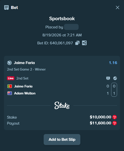 Bet slip: Jaime Faria - Adam Walton, $9,999.22 stake at 1.16 odds, placed by gameropt