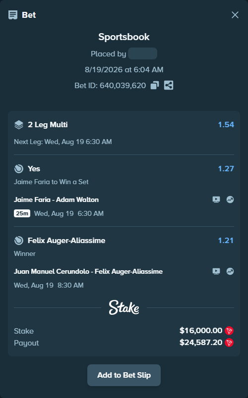 Bet slip: Jaime Faria - Adam Walton, $15,627.14 stake at 1.27 odds, placed by gameropt