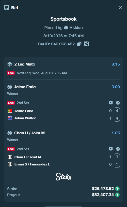 Bet slip: Jaime Faria - Adam Walton, $26,505.00 stake at 3.00 odds, placed by Hidden