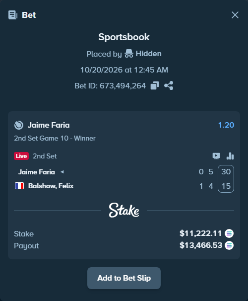 Bet slip: Jaime Faria - Balshaw, Felix, $11,231.46 stake at 1.20 odds, placed by Hidden