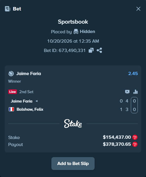 Bet slip: Jaime Faria - Balshaw, Felix, $154,398.24 stake at 2.45 odds, placed by Hidden