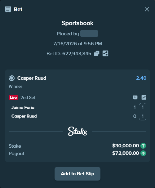 Bet slip: Jaime Faria - Casper Ruud, $30,000.00 stake at 2.40 odds, placed by ayoflasher