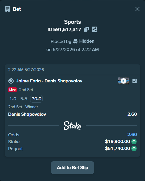 Bet slip: Jaime Faria - Denis Shapovalov, $19,919.90 stake at 2.60 odds, placed by Hidden
