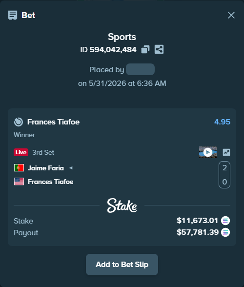 Bet slip: Jaime Faria - Frances Tiafoe, $10,342.97 stake at 4.95 odds, placed by Richboyquan